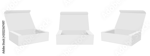 Set of cardboard packaging boxes mockups, isolated on white background. Realistic vector template for branding, ecommerce and shipping design