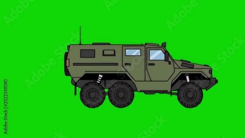 A green military armored personnel carrier driving or parked against a solid green background. This 2D vector animation asset is designed for side-scroller game development, defense videos, or tactica