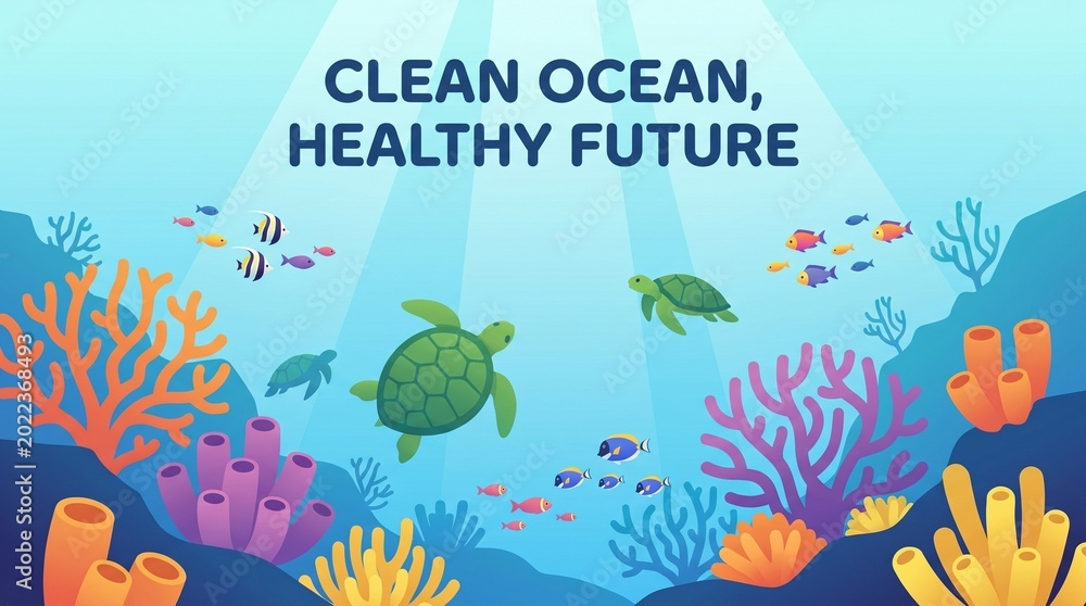 Fototapeta premium Illustration of a sea turtle and various fish swimming near colorful coral reefs under a sunlit ocean with a clean and healthy future theme.