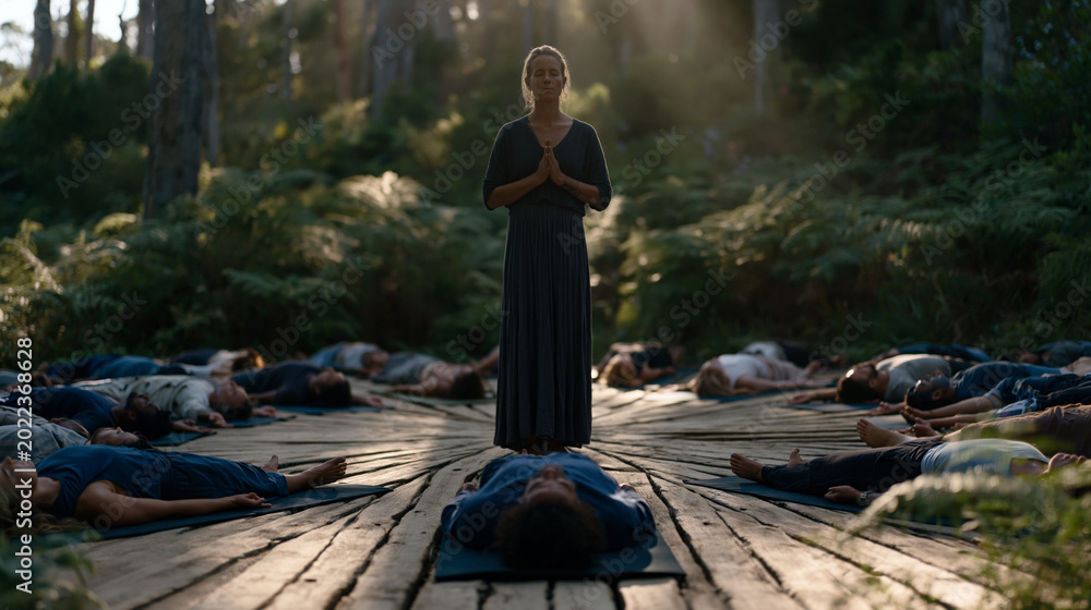 Fototapeta premium Yoga retreat participants in corpse pose on mats arranged in a radial pattern on a wooden forest platform at camp, surrounded by ferns and birdsong, the teacher standing at center with hands at hear