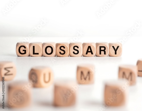 Glossary Word Blocks Displayed on White Background with Selective Focus.