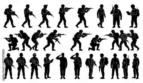 Photos Army troop silhouette vector bundle with military battlefield soldier designs