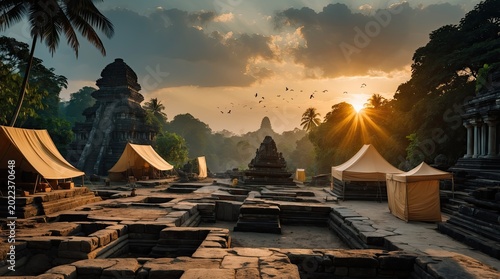 Archaeological excavation site at ancient Indonesian temple ruins during sunset