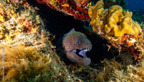 moray eel in coral reef hiding.