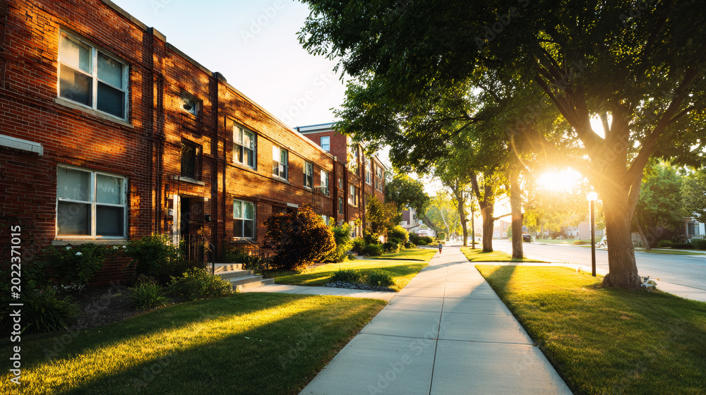Fototapeta premium Residential apartment building reflecting warm sunlight, creating long shadows on a manicured lawn and empty sidewalk