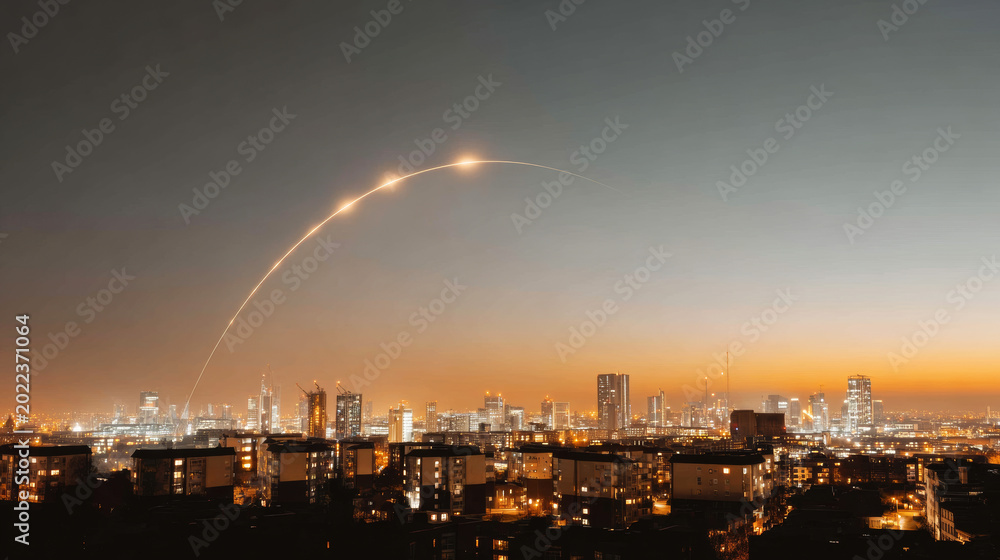 Fototapeta premium Global communication network connecting city skyline at night with glowing data transfer arc over urban landscape
