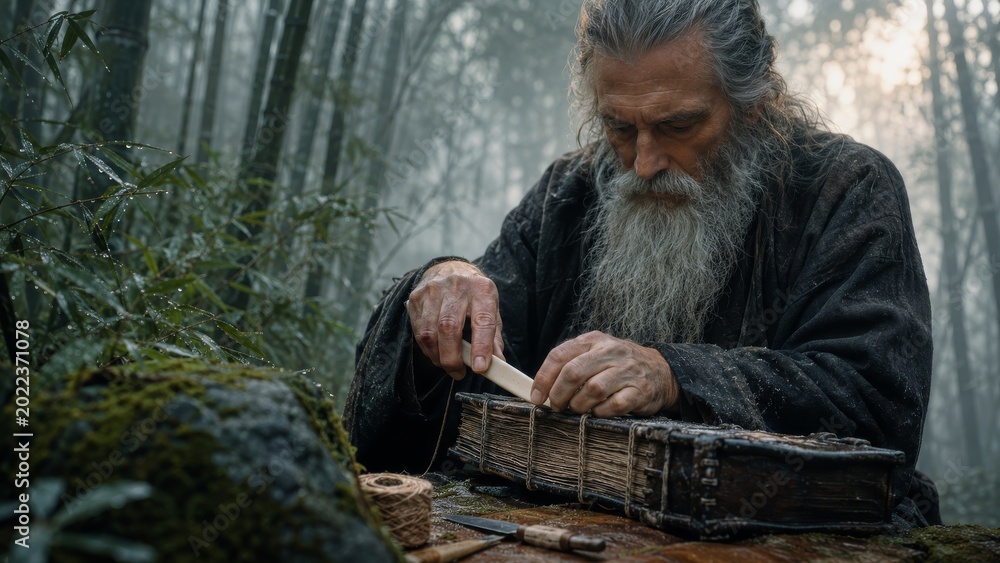 Fototapeta premium Elderly bearded artisan binds an old handmade book at a mossy workbench in a misty bamboo forest, with twine, tools, and lush wet foliage.