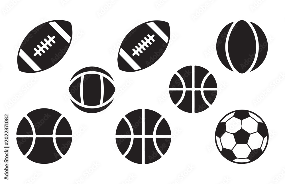 Obraz premium Collection of various sport balls and equipment black icons on transparent grid background.