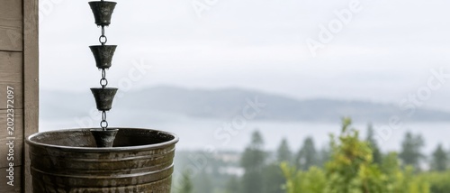 Rain chain cups hanging above a large ceramic basin beside wood siding, with misty lake and forest landscape blurred in soft background
