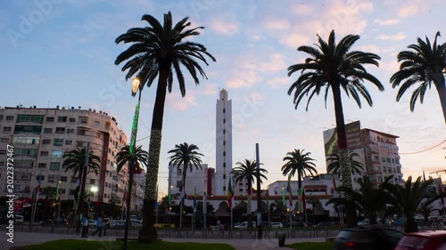 Casablanca, Morocco. View of Mosque Al Yassir in Casablanca, Morocco. Time-lapse from evening to night