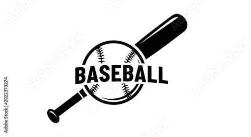 Baseball Emblem: Black and White Graphical Design of A Baseball with Bat, Logo