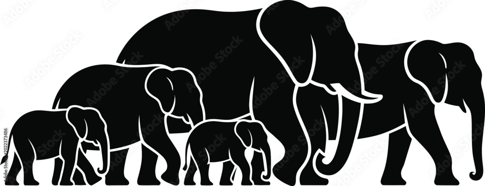 Fototapeta Black elephant family, silhouette icons, white background, vector graphics, animal symbols