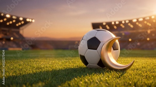 Close up photo of a classic soccer ball featuring a golden crescent moon shape resting on green stadium grass turf