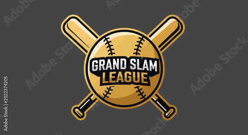Baseball Grand Slam League Emblem With Crossed Bats On Gray Background