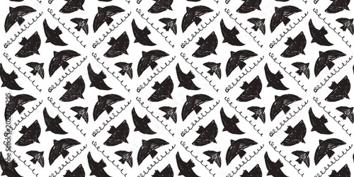 Photos Black bird seamless pattern with charcoal silhouettes on white background