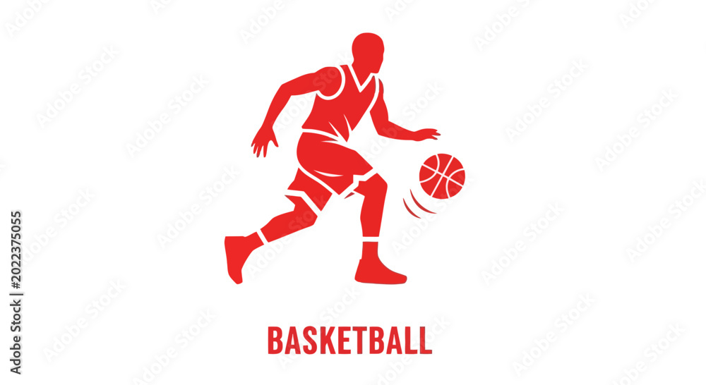 Obraz premium Basketball Player Dripping The Ball, Red Silhouette Against White Background Graphic Vector