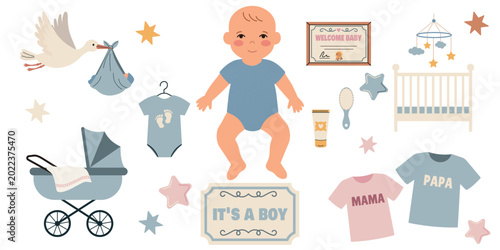 Принти на полотні Baby shower and gender reveal illustration set for boy with stroller, pacifier, bottle, stork, baby toys, cubes and rattle