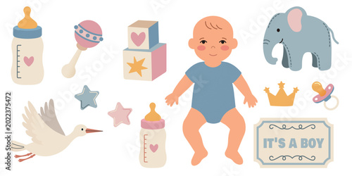 Photos Baby boy gender reveal illustration with stroller, baby bottle, stork, newborn baby, blocks, rattle and toys