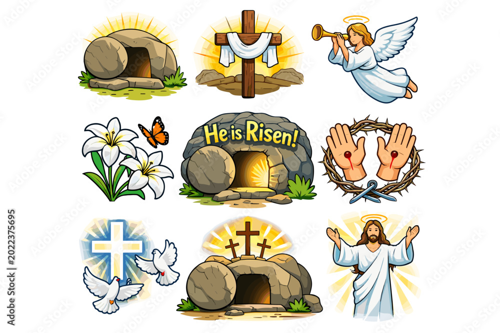 Fototapeta premium Christian symbols for easter celebration: resurrection, cross, dove, angel, jesus