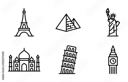 Fotografi Iconic Landmark Collection, World Travel Symbols, Famous Architecture Icons, Glo