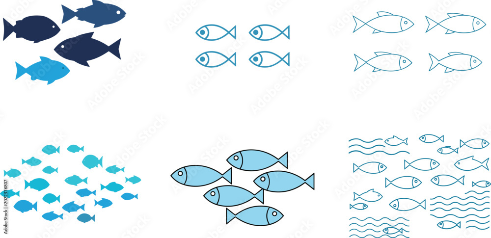 Obraz premium Fish and Aquatic School Vector Icon Set with Ocean Sea Marine Life and Swimming Pattern Symbols for Nature and Seafood Designs