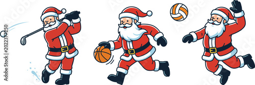 Photos Three cartoon santa clauses playing sports with motion lines