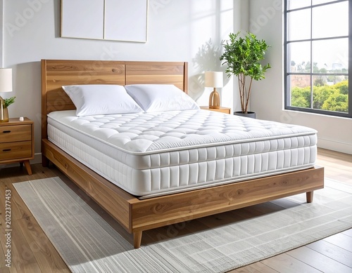 Plush mattress on wooden bed