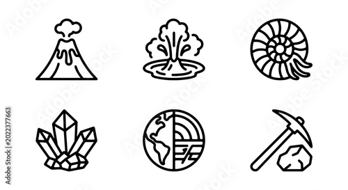 Bild auf Leinwand Set of geology and earth science icons including volcano, geyser, ammonite fossi