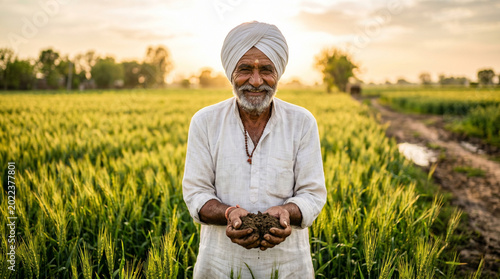 Smiling senior Indian farmer holding soil in green wheat field