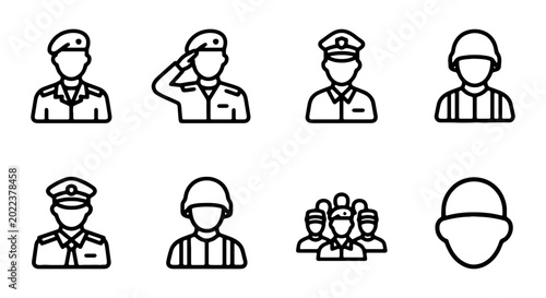 Foto Set of military and soldier icons, including officer, infantry, and army personn