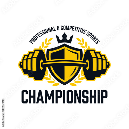 Bold Championship Emblem Depicting Competitive Sports and Fitness With Weightlifting Elements