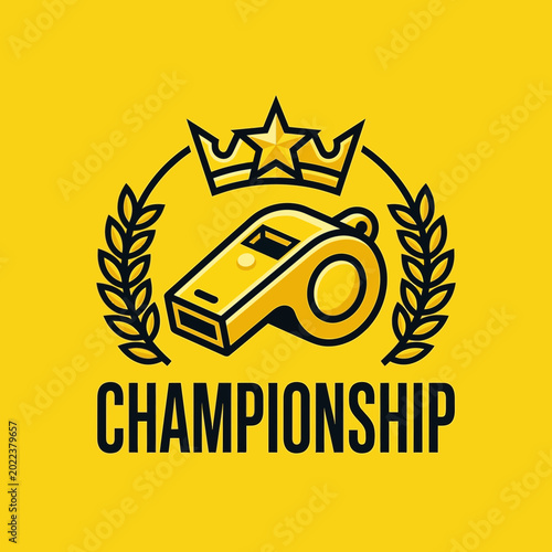 Bold Championship Emblem Design Features Golden Whistle Amidst Laurel Wreath and Crown Above the