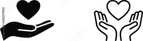 Of hands offering a heart, one solid black, one outline version
