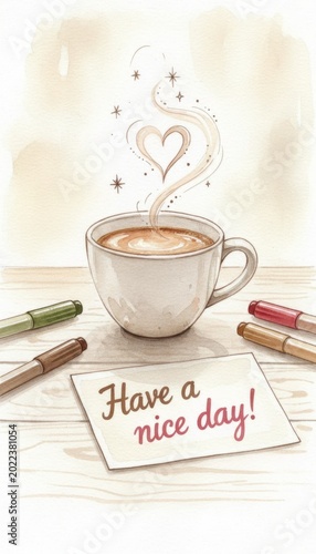 Coffee cup on table with heart shaped steam rising beside handwritten note Have a nice day and scattered pens in soft brown toned illustration conveying calm morning routine and positive start of the