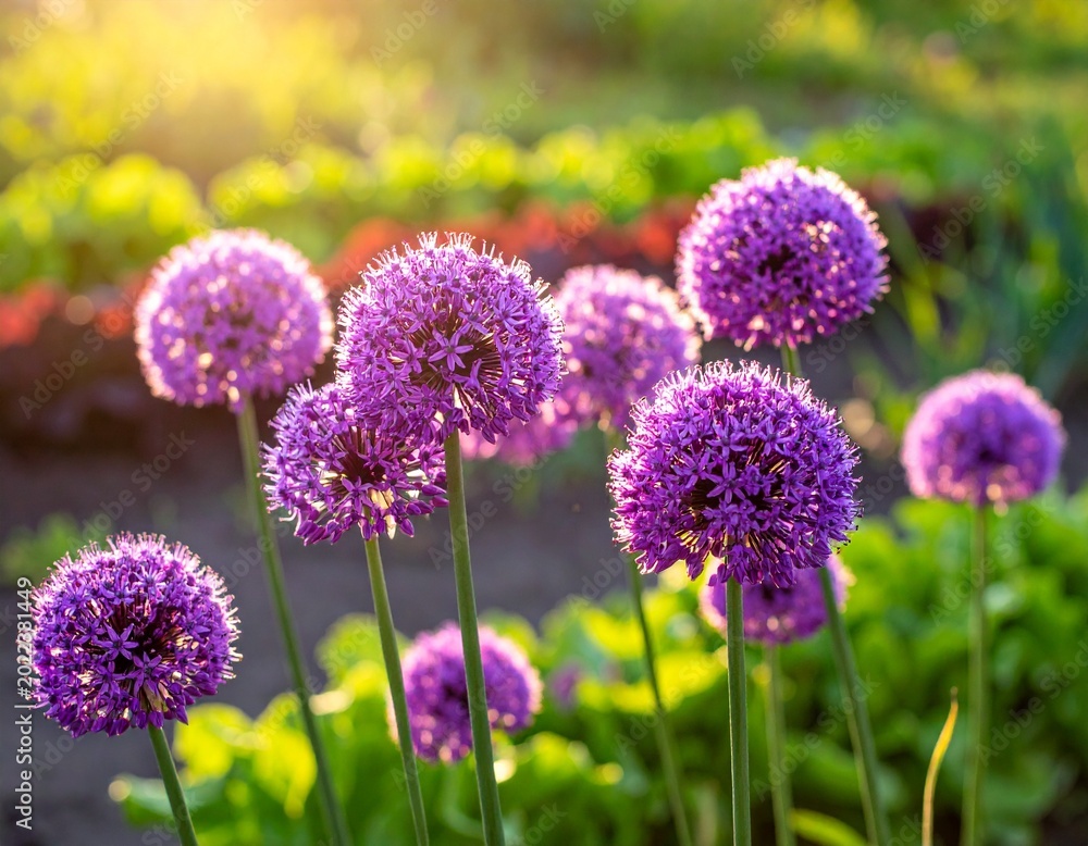 Obraz premium Purple globe flowers in sunlit garden
