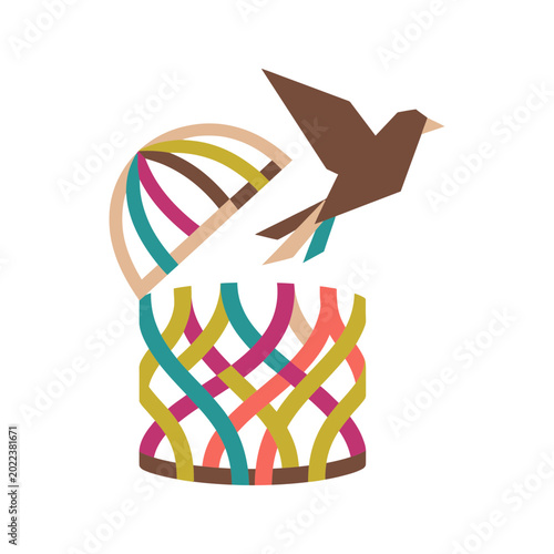 Polygonal Bird Flying from Colorful Woven Basket Freedom Concept