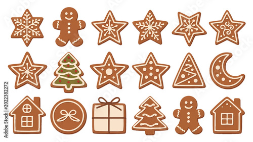 Variety of Christmas gingerbread cookies and shapes on white background
