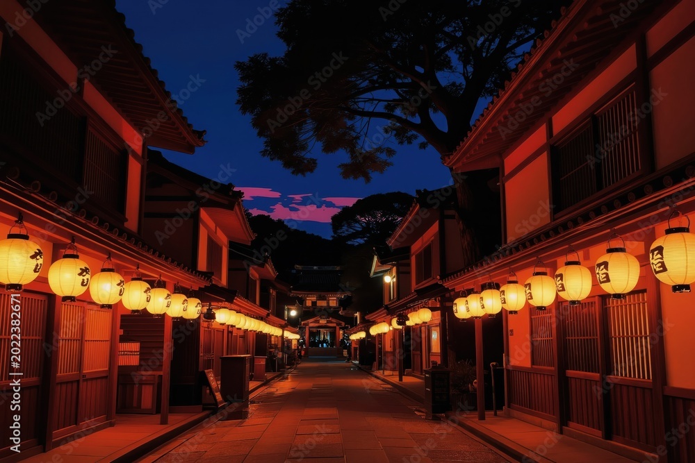Fototapeta premium Japanese street at dusk illuminated by paper lanterns. Traditional buildings line a stone path under a twilight sky. A tranquil scene of East Asian urban architecture and ambiance.