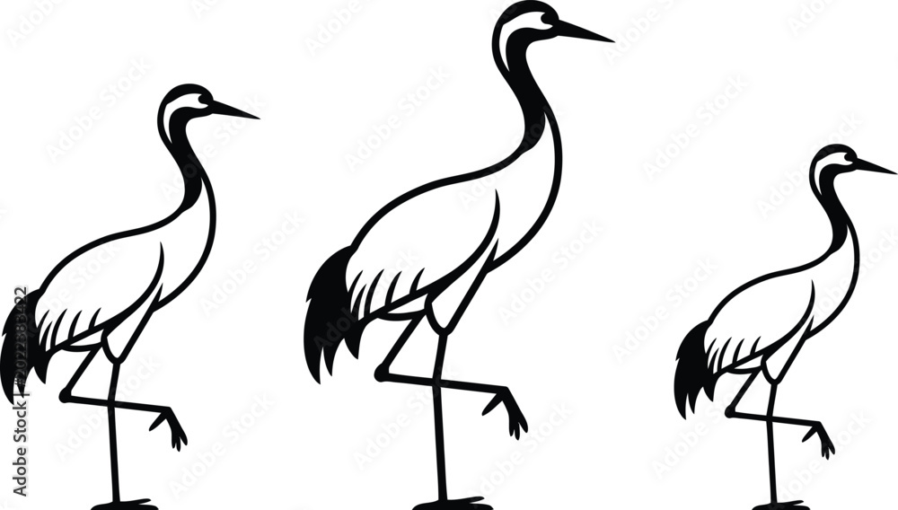 Naklejka premium Black and white cranes, bird illustrations, vector graphics, wildlife icons, animal designs