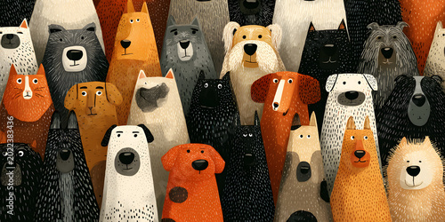 A humorous cartoon seamless pattern featuring dogs, animals, and crowds in flat illustration style. Adorable puppy group background, diverse domestic dog breed wallpaper.