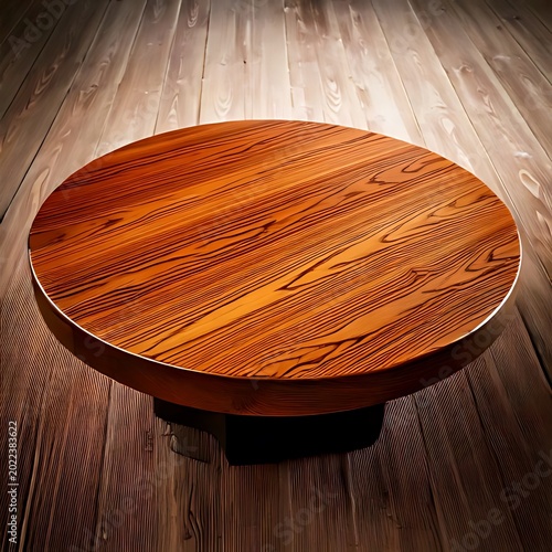 Polished round wooden table on floor