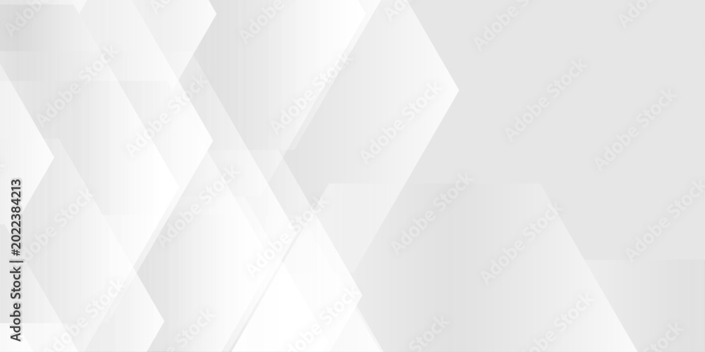 Fototapeta premium Abstract white and gray geometric background with overlapping diamond and hexagon shapes in a subtle gradient style. An architectural arrangement of translucent geometric shapes.