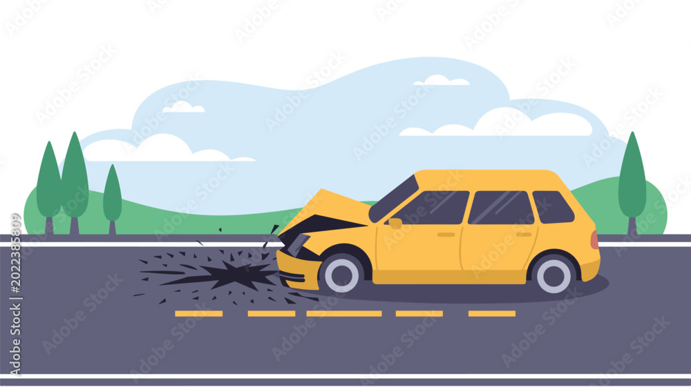 Fototapeta premium A yellow sedan sits with a crushed front bumper after striking a deep, jagged pothole on a gray asphalt road under a bright, clear blue sky background.