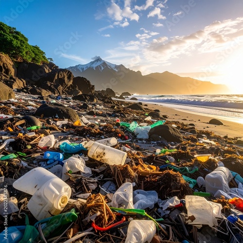 Polluted beach landscape scene