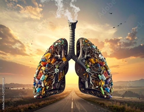 Polluted lungs against a sunset