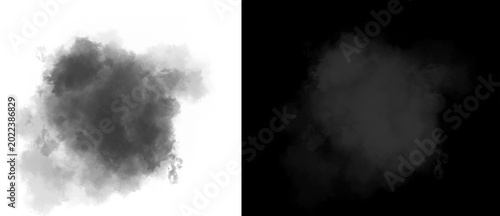 Quadro su tela Atmospheric smoke cloud texture, dark gray vapor puff on white and black backgro