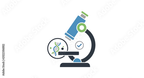 Foto microscope with dna icon and checkmark flat vector illustration