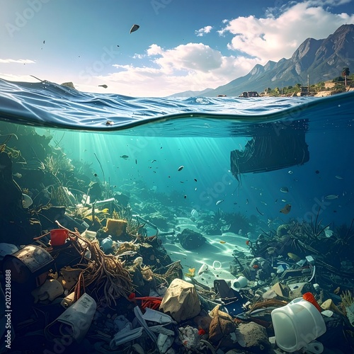 Polluted ocean with debris
