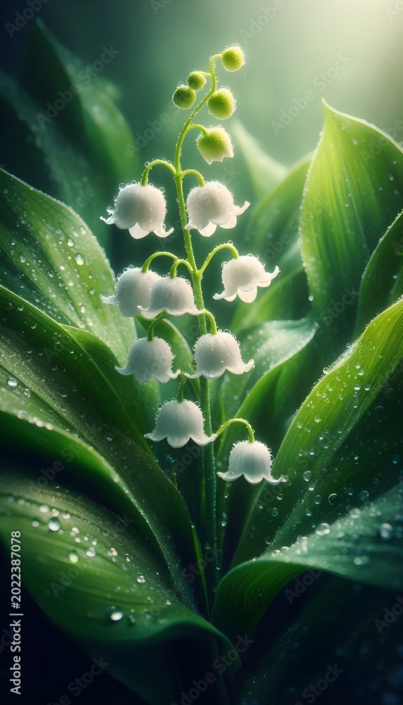 Obraz premium White lily of the valley flowers with water drops on green leaves in a fresh forest.