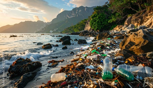 Polluted shoreline at sunset